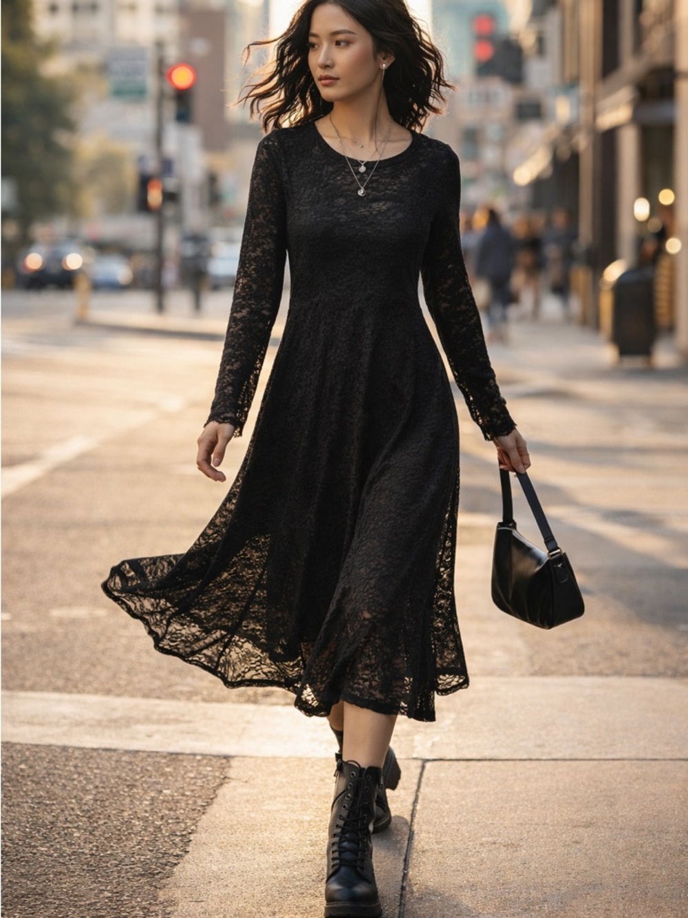 Numph Lace Midi Dress Black Small Long Sleeve Feminine Dark Romantic Chic Grunge